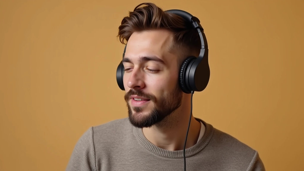 Pessoa com fones de ouvido, olhos fechados, ouvindo áudio e sorrindo em ambiente de estúdio