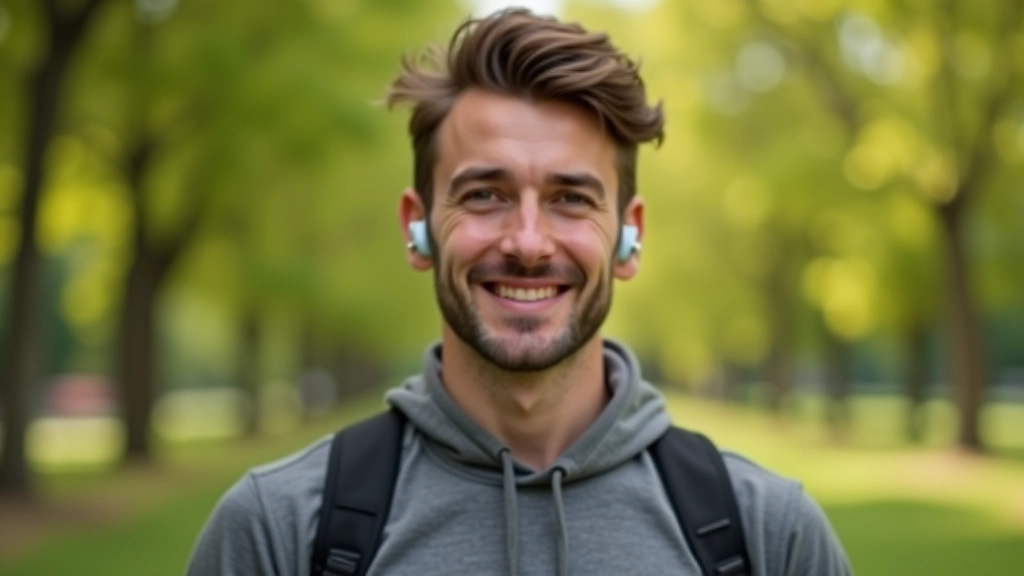 Pessoa em movimento com fones sem fio, caminhando em parque urbano durante treino de audição