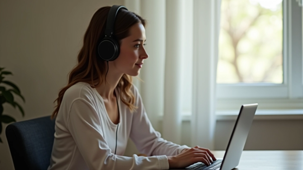 Pessoa usando fones de ouvido sentada em frente a computador durante exercício de compreensão auditiva