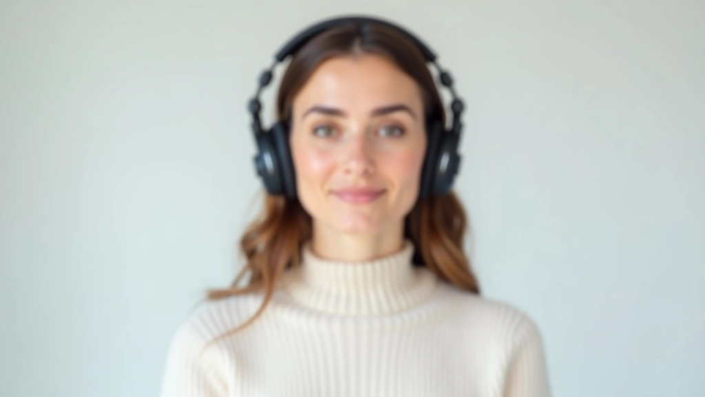 Pessoa usando fones de ouvido, concentrada em exercício de pronúncia, ambiente de estudo minimalista