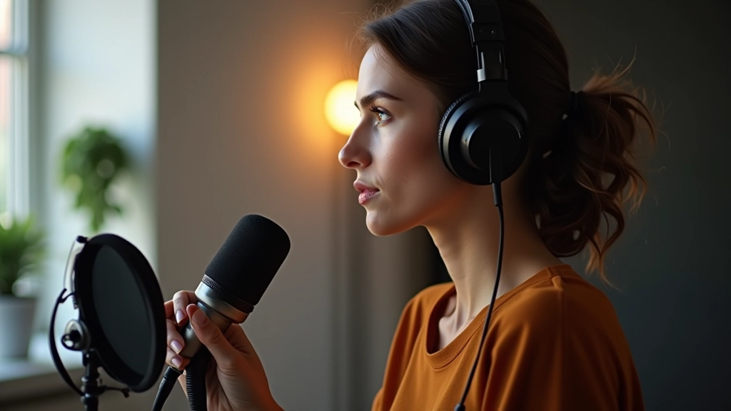 Mulher com headphones ajustando microfone durante sessão de gravação de áudio